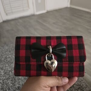 Claire's Red and Black Plaid Wallet with Heart Lock